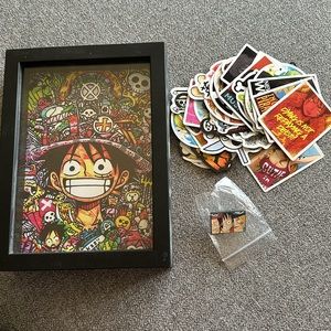 Set of One Piece Luffy collection of 50 sticker, pin and framed phot anime